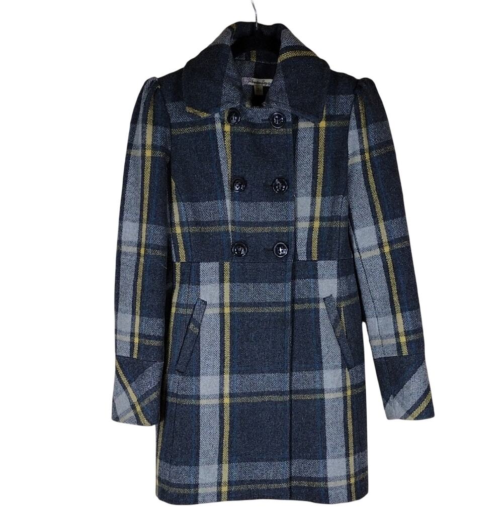 Y2K American Rag Cie Peacoat Women’s Small Blue Yellow Plaid Wool Coat Winter